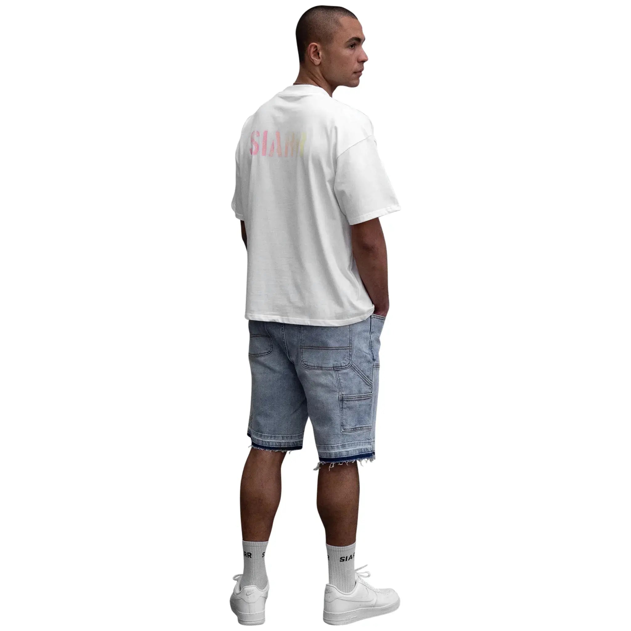 Model back view of SIARR Carpenter Shorts Blue